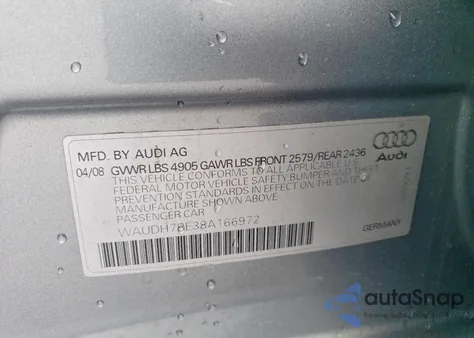 2008 Audi A4 3.2 Quattro from USA, damaged, VIN WAUDH78E38A166972